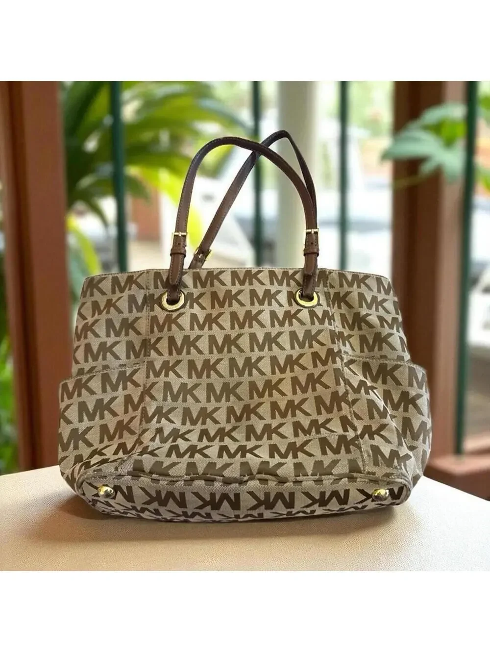 Michael Kors Tote Bag Canvas East West Jacquard Classic Business Gold Fob